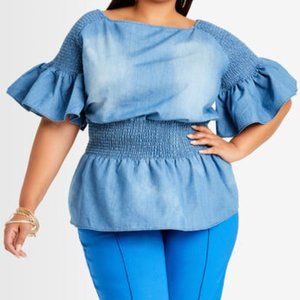 Plus Size SMOCKED DENIM PEPLUM TOP